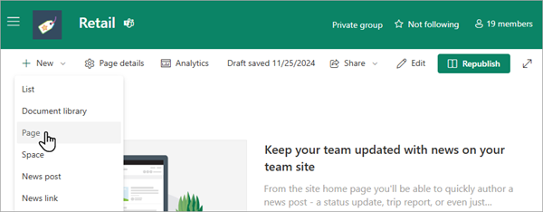 Screenshot showing how to add a new page to a SharePoint online team site.