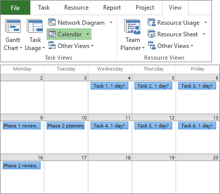 Composite screenshot of the Task Views and Resource Views groups on the View tab and a project plan in Calendar view.