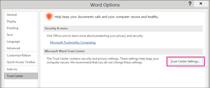 The Trust Center Settings option is highlighted.