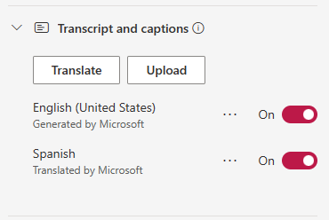 UI showing a resulting translated transcript