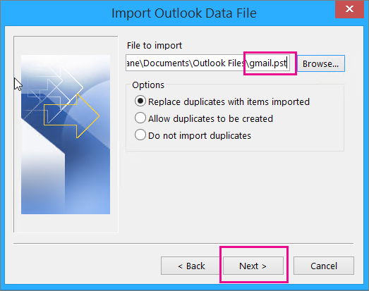 Select the pst file you created so you can import it.