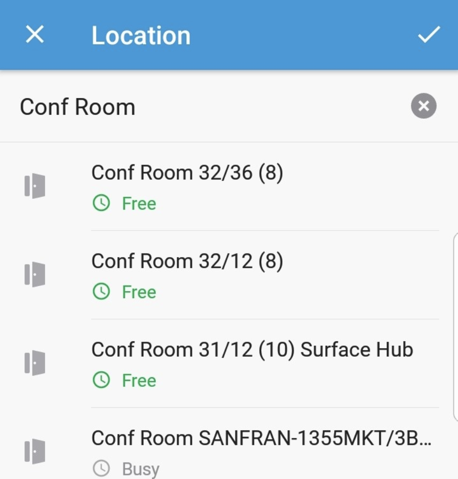 You can select from a list of recently used conference rooms or locations