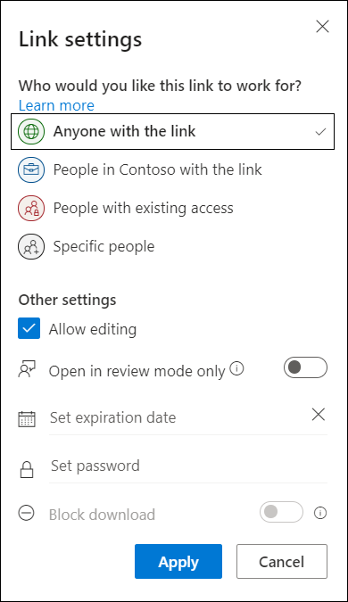 Link sharing settings in OneDrive