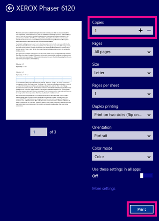 Windows 8 Reader printer options