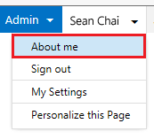 Drop-down menu with About me highlighted