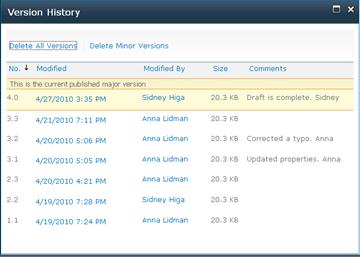 Version History dialog box showing several versions. Some versions are missing and the most recent one is highlighted.