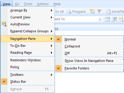 options on the view menu for the navigation pane