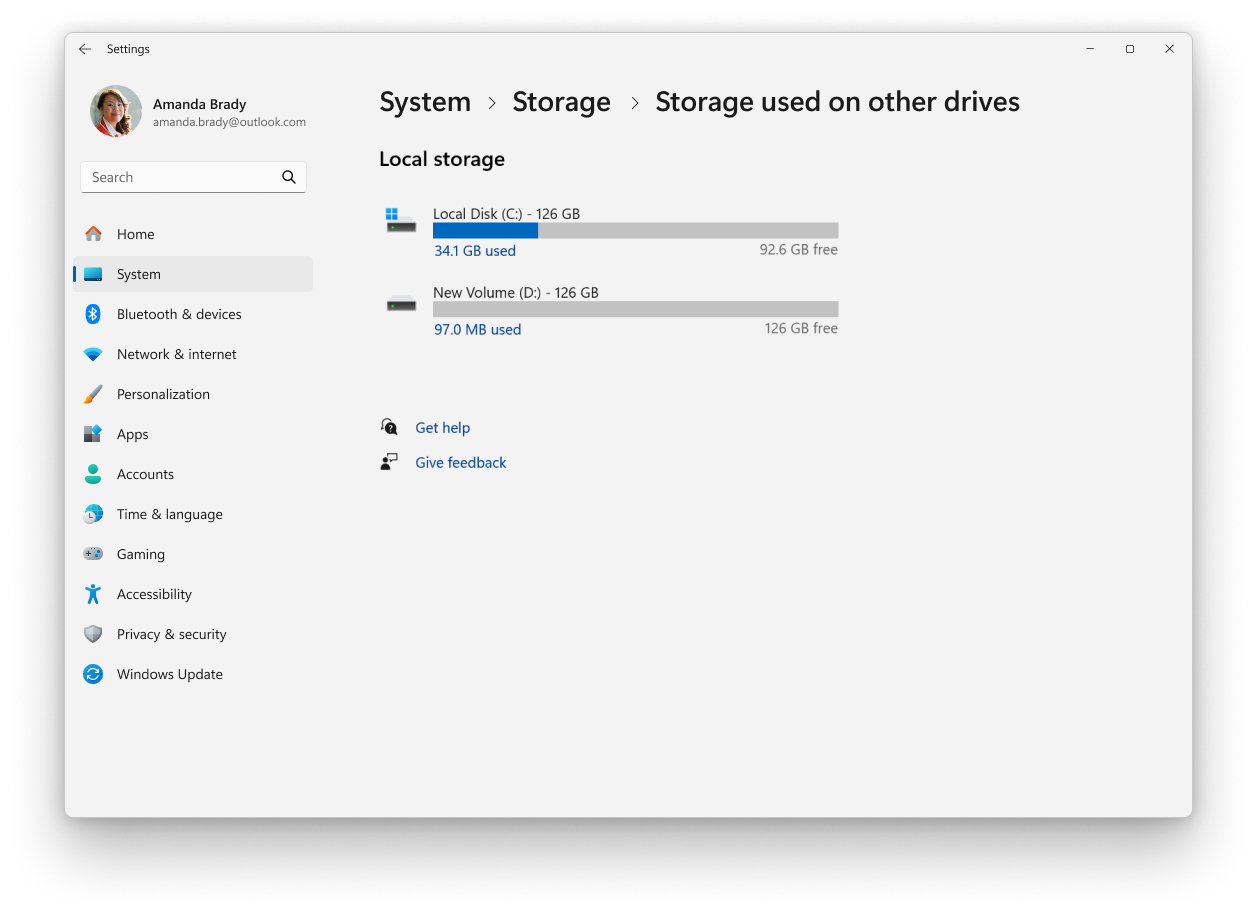 Screenshot of Settings - System - Storage.