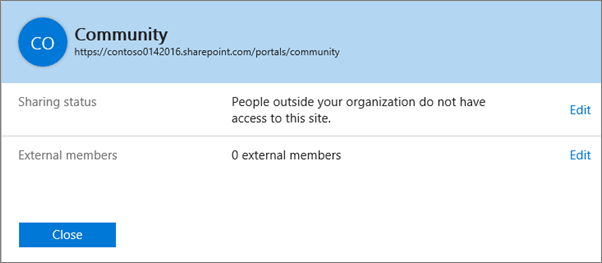 Sharing status dialog box for a specific site collection with sharing turned off.