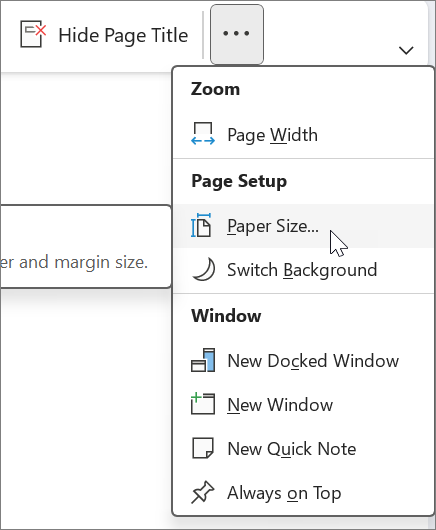Paper Size can be found under the View tab