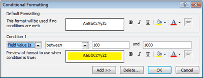 Conditional Formatting dialog box showing a preview of formatting