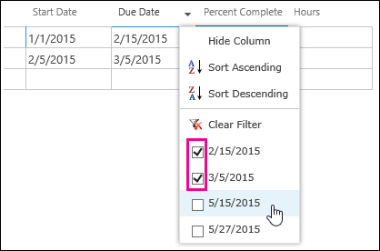 Filter drop-down in a datasheet with multiple values selected.