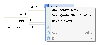 Shortcut menu for horizontal repeating table