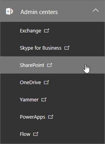 A list of Admin centers for Office 365, including SharePoint.