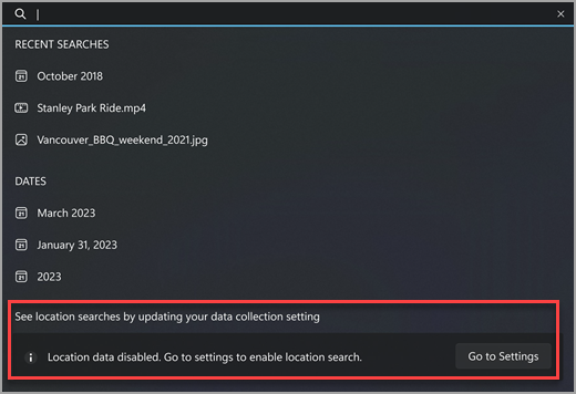 Opening Settings to enable location search for Windows Photos.