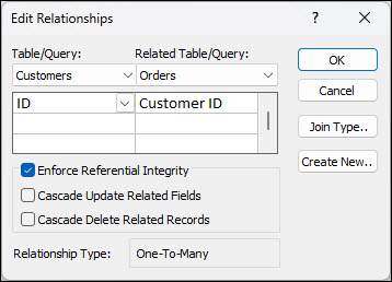 Edit Relationships dialog box in Access with Customers and Orders join fields
