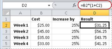 Example of formula for calculating a percentage