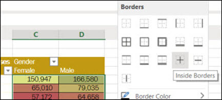 Image of applying an Inside Border to a cell range from Home > Font > Borders.