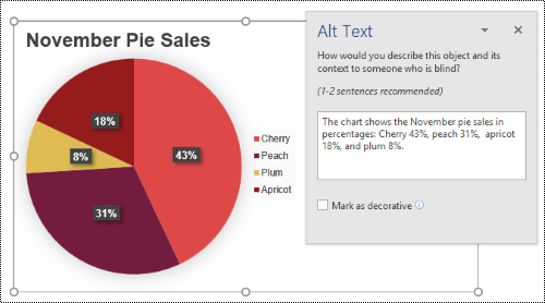 Alt text example for a pie chart in Word for Windows.