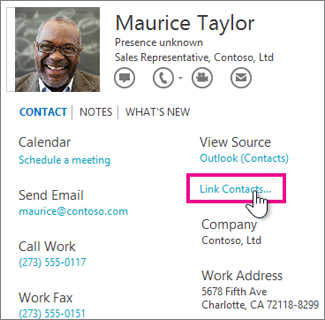 The Link Contacts button in the contact card