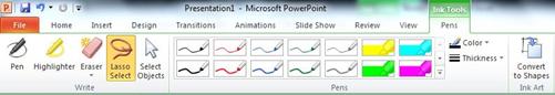 The Lasso tool on the Format tab under Ink Tools in the PowerPoint 2010 ribbon