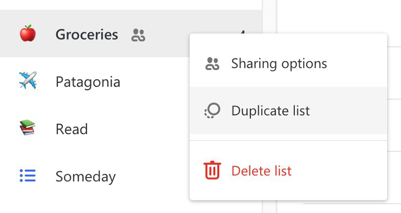 Screenshot showing the context menu open and Duplicate list selected