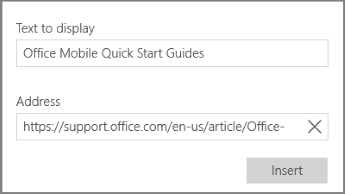 Screenshot of the dialog for adding a hypertext link in OneNote for Windows 10.