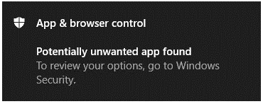 An App & Browser control notification telling the customer that a potentially unwanted app has been found.