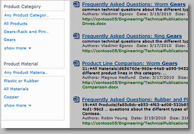 The refinement panel displays metadata that can be used to filter search results.