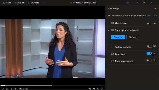 A video plays in browser. The right-side pane displays Video settings options.