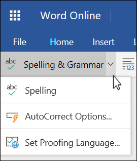 The Spelling and Grammar options list, expanded, in Word Online