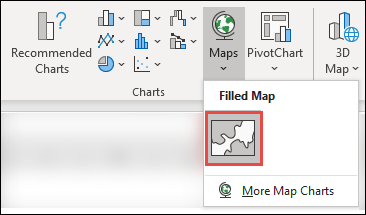 To insert a Map chart, select any cell within your data range, then go to Insert > Charts > Maps > select the  Filled Map icon.