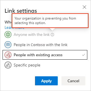 OneDrive web link settings