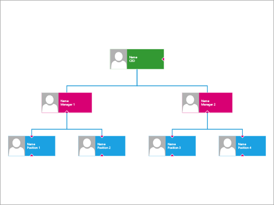 Organizational chart best used to show hierarchy levels and reporting relationships, in an attractive, modern format.