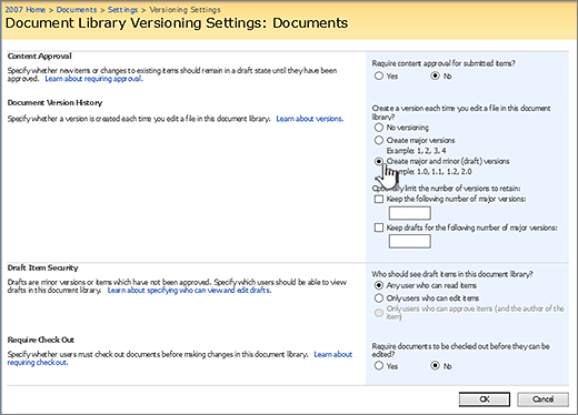 Versioning settings to turn on versioning, approval, and requiring check in