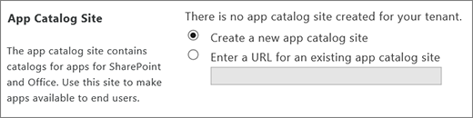 App catalog site dialog with Create a new app catalog site selected.