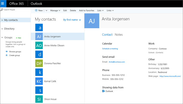 After you import contacts, here's what they look like in Outlook on the web.