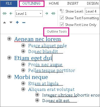 Image of some of Outline tools on Outlining menu with sample outline in lorem ipsum text