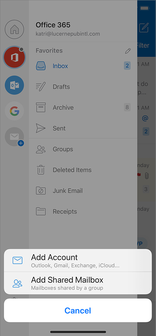 Outlook screen with Add Shared Mailbox command