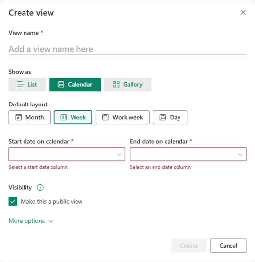 Use the Create view dialog box to add calendar settings.