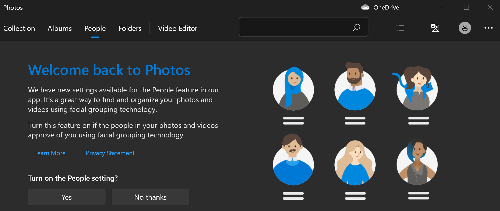 Shows the welcome screen for photos with yes and no buttons after a question about turning on the People setting.