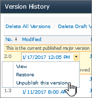 Versioning dropdown with Unpublish highlighted