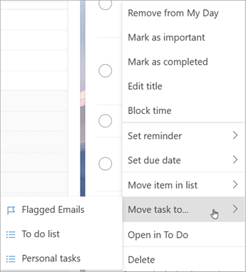 Press and hold (or right-click) to access the context menu. Select Move tasks to ... and choose the list you want to move task to.