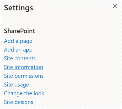 Screenshot showing the SharePoint Site information menu option.