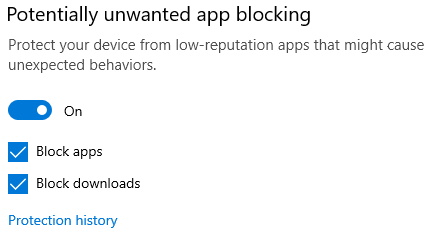 The potentially unwanted app blocking control in Windows 10.