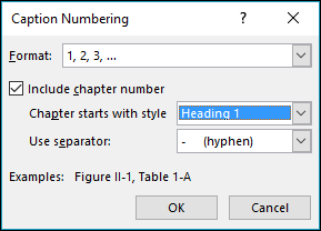 Use the caption numbering dialog to add chapter numbers to captions.