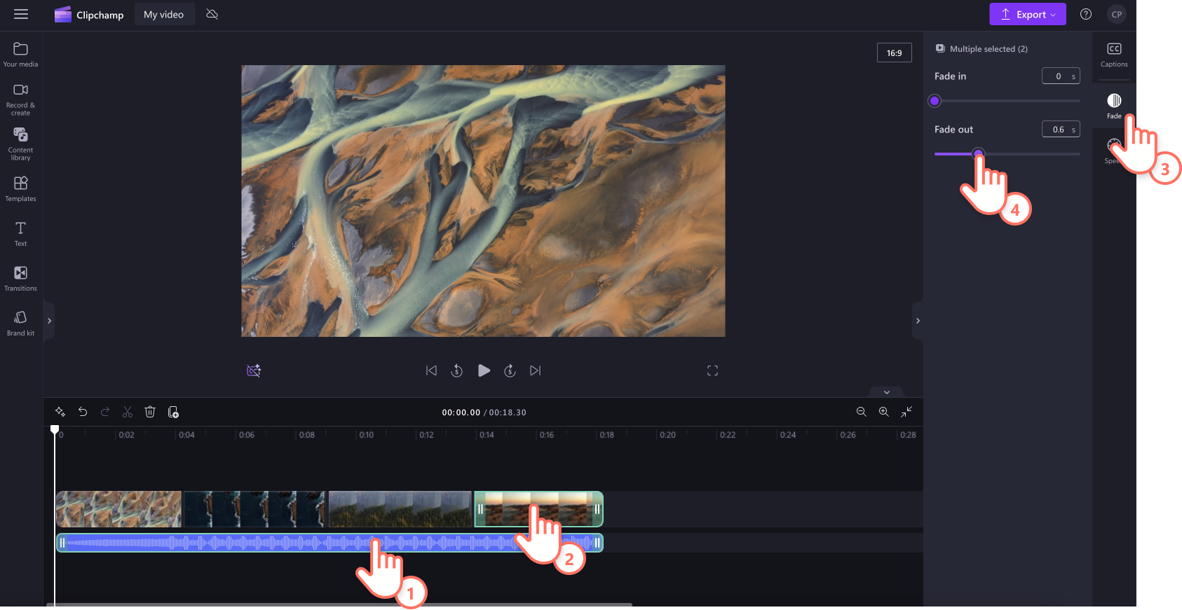 An image of a user adding a fade to a video and audio asset.