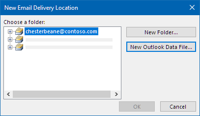 Outlook email delivery location dialog