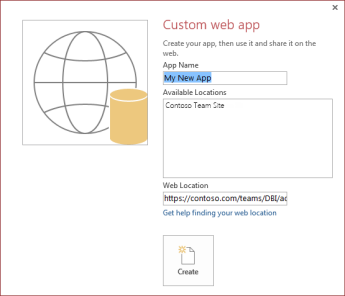 The new custom web app dialog box, showing the Contoso Team Site in the Available Locations box.