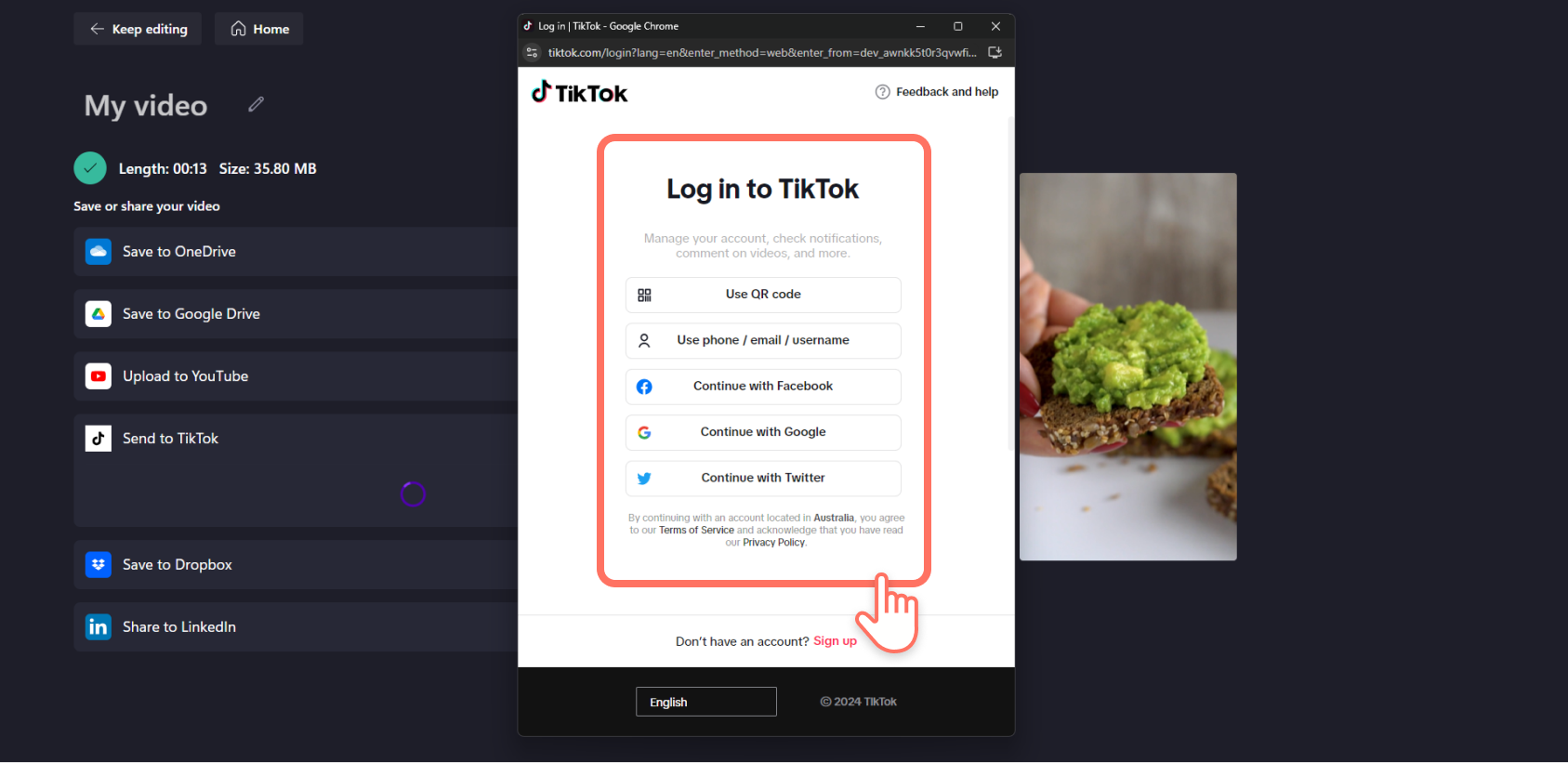 A screenshot of a Clipchamp user logging into TikTok from the integration pop-up window.